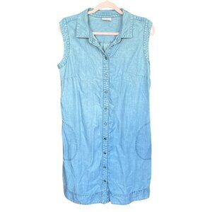 J Jill Womens Chambray Sleeveless Shirt Dress Sz 1X Button Front Tencel Pockets